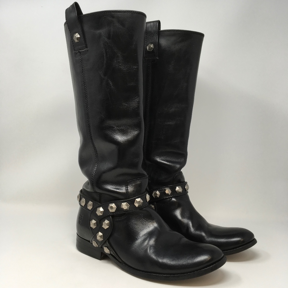 Frye Black Leather Studded Harness Heeled Boots